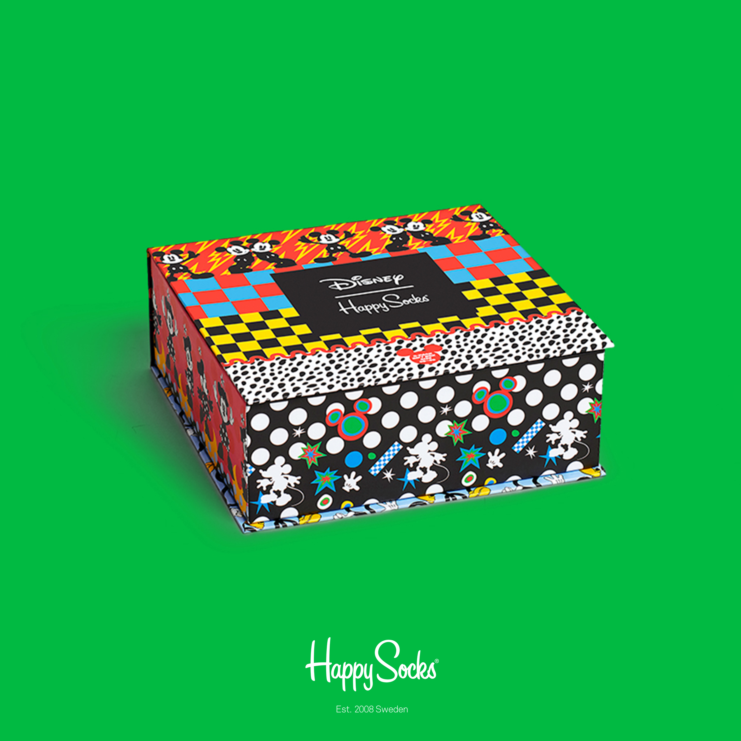 Il packaging di Happy Socks ha un design luminoso e non convenzionale, non c'è quasi nessuno spazio vuoto