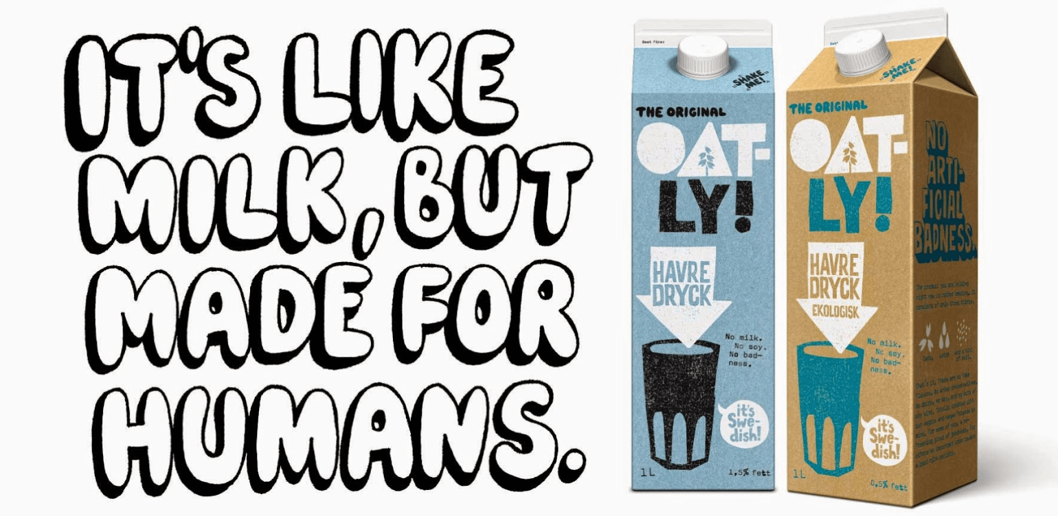 Immagine del packaging del latte Oatly con font anti-perfezione