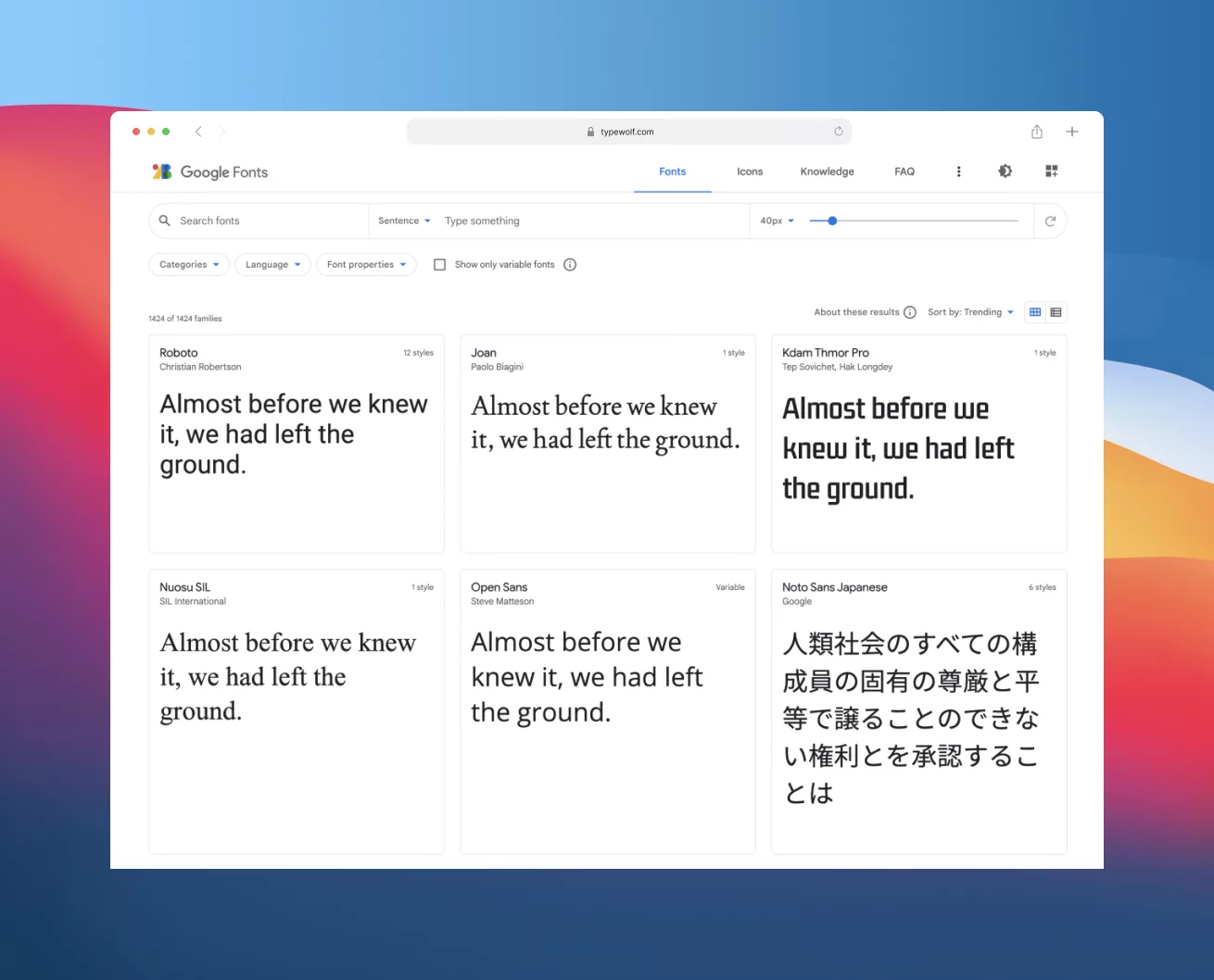 Schermata di Google Fonts che mostra l'elenco dei caratteri disponibili e le opzioni di personalizzazione