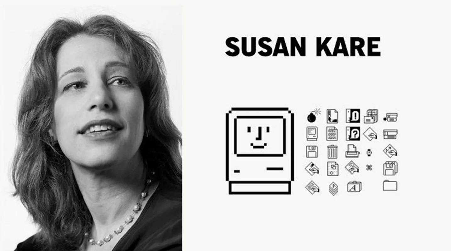 Foto in bianco e nero a sinistra della graphic designer Susan Kare con a destra le icone che ha progettato per Macintosh