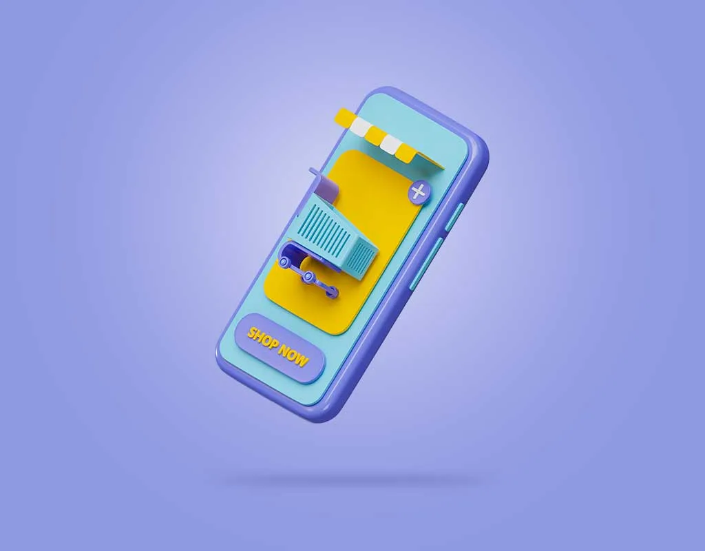 Immagine in 3D su sfondo viola di un cellulare con un carrello della spesa e un pulsante Shop Now. Scopri l'Importanza della UX negli E-commerce.