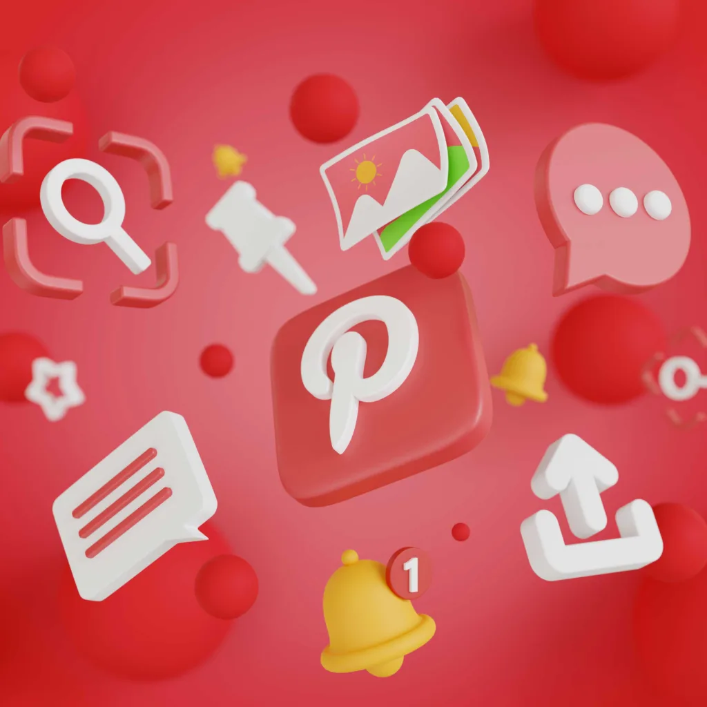 Icone 3D su sfondo rosso con il logo di Pinterest al centro, rappresentanti funzioni di ricerca, notifiche e condivisione. Scopri le migliori alternative a Pinterest per trovare ispirazione nel design.