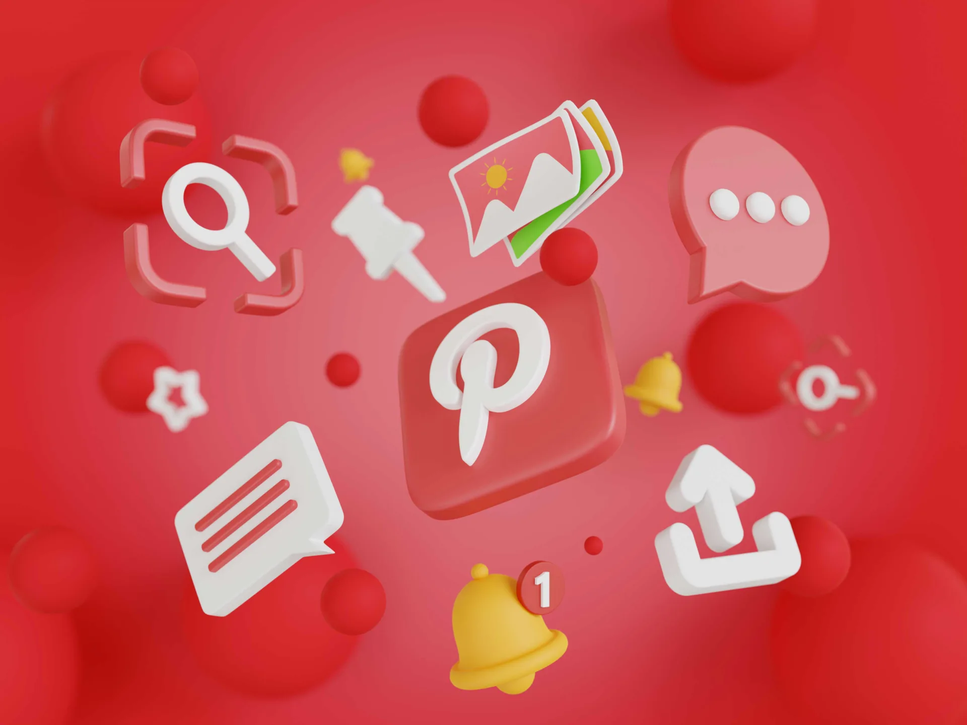 Icone 3D su sfondo rosso con il logo di Pinterest al centro, rappresentanti funzioni di ricerca, notifiche e condivisione. Scopri le migliori alternative a Pinterest per trovare ispirazione nel design.